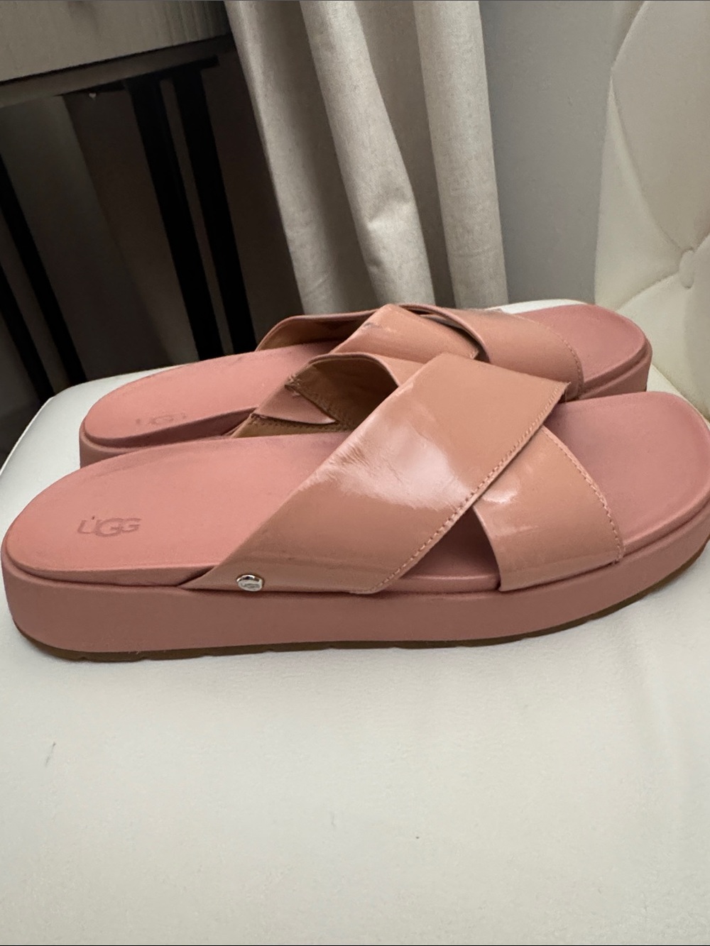 UGG Women's Dusty Pink Patent Crisscross Slide Sandals